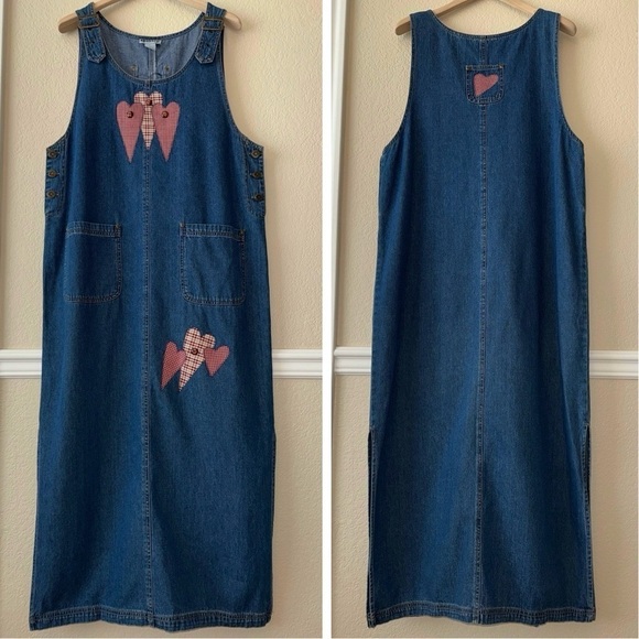 Vintage Haik's Denim Modest Patchwork Hearts Maxi Dress Buckle Straps Sz Large - Picture 1 of 14